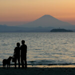 夕日と富士山をバックに佇む散歩する男女と１匹の犬のシルエット